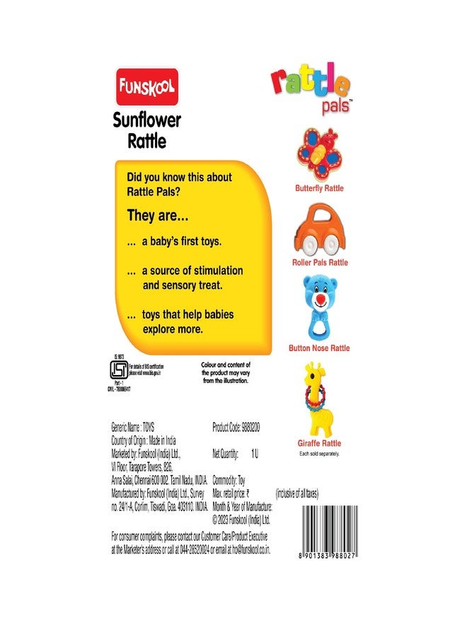 Funskool Giggles - Sunflower Rattle , Colourful rattle for New Born Baby, Stimulates Senses,Rattling sound, 6 months & above, Infant Toys - Image 3